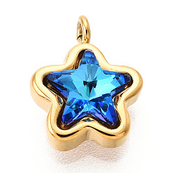Королевский синий 304 прелести нержавеющей стали, звезда, со стеклом, реальный 14 k позолоченный, граненые, ионное покрытие (ip), королевский синий, 10.5x8x4 мм, отверстие : 1.2 мм