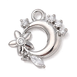 Platinum Brass with Cubic Zirconia Charms, Moon with Star, Platinum, 11x12x2mm, Hole: 1.2mm
