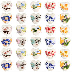(52) Непрозрачная лаванда 60шт 10 цвета фарфоровые бусины ручной работы, напечатанный, сердце с цветочным узором, разноцветные, 12x12x9 мм, отверстие : 2 мм, 6 шт / цвет