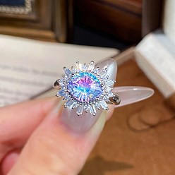 Bleu Bleuet Micro cuivres ouvrent zircons bagues, fleur, platine, bleuet, 15~20mm