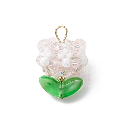 Розовый Стеклянные подвески, цветок, со стеклянными бусинами и 304 петлей из нержавеющей стали, граненые, туманная роза, 22x15.5 мм, отверстие : 3 мм