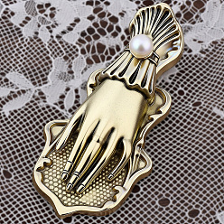 Antique Bronze 1Pc Hand Shape Zinc Alloy Note Clips, with ABS Plastic Imitation Pearl, with 1Pc Rectangle Velvet Pouches, Antique Bronze, 88x39x32.5mm, Hole: 6mm