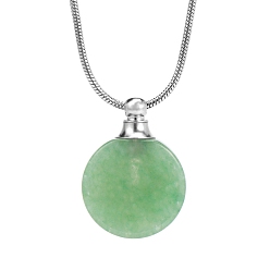 Зеленый Авантюрин Натуральный зеленый авантюрин плоские круглые флаконы духов подвески ожерелья, Ожерелья с флаконами для ароматерапии с эфирными маслами 201 с круглыми цепочками-змейками из нержавеющей стали, цвет нержавеющей стали, 17.72 дюйм (45 см)