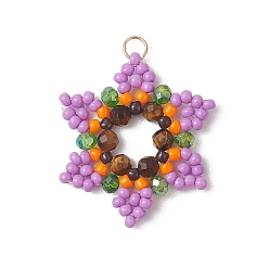 Средний Фиолетовый Стеклянные подвески из бисера, , с тигровым глазом, стеклом и 304 нержавеющей сталью, граненые, средне фиолетовый, 27.5x24x3.5 мм, Перейти кольцо: 4x0.5 мм, внутренний диаметр: 2.8 мм