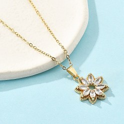 Золотой Латунный микропаве прозрачный кубический цирконий цветок кулон ожерелья для женщин, с 304 цепи из нержавеющей стали, ионное покрытие (ip), золотые, 15.94 дюйм (40.5 см)