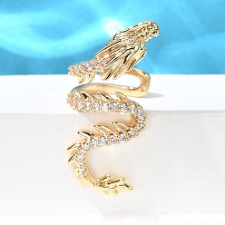 Золотой Серьги-каффы из латуни с прозрачным кубическим цирконием, дракон, золотые, 32x13.5x16.5 мм