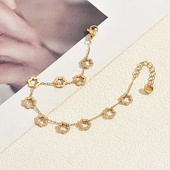Golden 201 Stainless Steel Hollow Flower Link Chain Bracelets for Women, Golden, 7.09 inch(18cm)