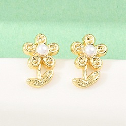 Настоящее золото 18K Латунь серьги, с ABS имитации жемчуга, цветок, долговечный, стойки покрытие, без свинца и без кадмия, реальный 18 k позолоченный, 12x8 мм