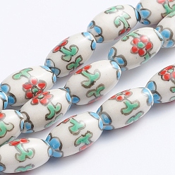 Цветок Ручной печатный шарики фарфора, овальные, цветочный узор, 14~16x8~9 мм, отверстие : 1.5~2 мм, около 23 шт / нитка, 13.5 дюйм (34 см)