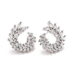 Платина Серьги-гвоздики из латунного микро-паве, долговечный, листовые ветви, платина, 21.5x19.5 мм, штифты : 0.8 мм