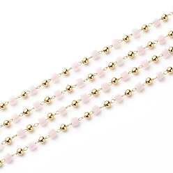 Лавандовый румянец Ручной цепи стекло бисером, пайки, с латунной фурнитурой , с катушкой, долговечный, золотые, кубические, лавандовый румянец, 3~3.2x3~3.2x3~3.2 мм, 3 мм, около 32.8 футов (10 м) / рулон
