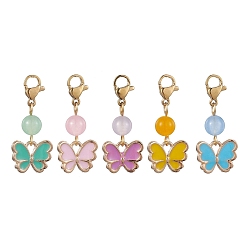 Mixed Color Butterfly Alloy Enamel Pendant Decorations, with Natural & Dyed Malaysia Jade Beads and 304 Stainless Steel Lobster Claw Clasps, Mixed Color, 30mm