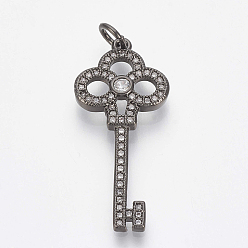 Gunmetal Brass Micro Pave Cubic Zirconia Pendants, with Jump Rings, Key, Clear, Gunmetal, 32x14x2.5mm, Hole: 4mm