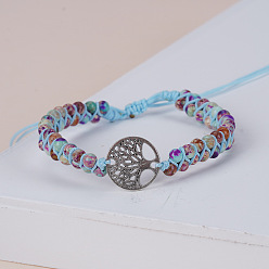 Имперская яшма Браслеты из круглых бусин из натуральной императорской яшмы с плетением, сплав древо жизни браслеты для мужчин и женщин, античное серебро, 6-3/4 дюйм (17 см)