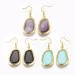 Mixed Stone Natural/Synthetic Gemstone Dangle Earrings, with Brass Findings, Oval, Golden, 44.5~45mm, Pin: 0.8mm, Pendant: 28~28.5x18x4~5mm
