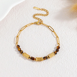 Тигровый глаз Браслеты из натурального тигрового глаза и 304 звеньев из бусин из нержавеющей стали, браслеты-цепочки со скрепками для женщин, колонка и круглый, золотые, 6.89 дюйм (17.5 см)