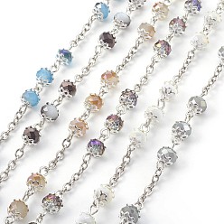 Mixed Color Handmade Electroplate Glass Beaded Chains, Unwelded, with Iron Eye Pin, Rondelle, Mixed Color, 12~13x6mm, 1m/strand, 39.37 inch