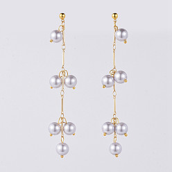 Lilac Long Earrings, with Brass Stud Earrings Findings, Round Glass Pearl Beads and Earring Backs/Ear Nuts, Golden, Lilac, 88mm, Pin: 0.7mm