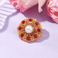 Золотистый Броши-цветы из стеклянного бисера ручной работы для женщин, с 304 фурнитурой для броши из нержавеющей стали и гальваническим стеклом и перламутровыми стеклянными бусинами, золотые, 28.5 мм