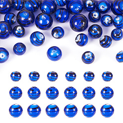Синий 32 бусины лэмпворк ручной работы, круглый с узором в полоску, синие, 8.5~12.5x8.5~12 мм, отверстие : 1.6~1.9 мм