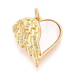 Настоящее золото 18K Латунные микропаве прозрачные подвески с фианитом, без кадмия и без свинца, с оболочкой, сердце с крыла, с целью перехода в кольце, реальный 18 k позолоченный, 21x18x2.5 мм, отверстие : 3 мм