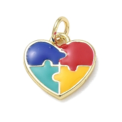Colorido Latón con dijes de esmalte, dijes de corazón de rompecabezas, dorado, colorido, 13x13x2 mm, agujero: 3 mm