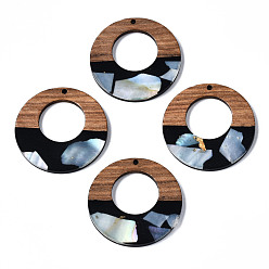 Black Opaque Resin & Walnut Wood Pendants, with Shell Chips, Two Tone, Donut, Black, 38x3mm, Hole: 2mm