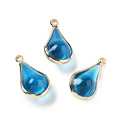 Стально-синий Латунь стекло кулоны, золотые, слеза, стальной синий, 18x10x8 мм, отверстие : 1.8 мм