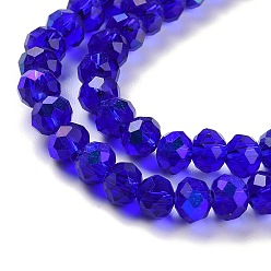 Blue Electroplate Glass Beads Strands, Half Rainbow Plated, Faceted, Rondelle, Blue, 4x3mm, Hole: 0.4mm, about 123~127pcs/strand, 16.5~16.9 inch(42~43cm)