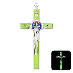 Green Yellow Alloy Enamel Big Pendants, Cross with Jesus Charm, Platinum, Green Yellow, 195x98x22mm