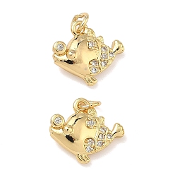 Fish Латунные микро проложить кубического циркония подвески, без свинца и без кадмия, стойки покрытие, долговечный, реальный 18 k позолоченный, рыба, 11x12x4 мм, Перейти кольцо: 4x0.8 мм, внутренний диаметр: 2.5 мм