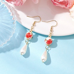 Красный Круглые с цветочным узором фарфоровые керамические серьги-подвески, с 304 нержавеющей стали серьги крючки, с имитацией жемчуга в форме капли, красные, 57~58x10 мм
