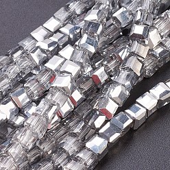 Silver Electroplate Glass Beads Strands, Half Plated, Faceted Cube, Silver, 4x4x4mm, Hole: 1mm, about 100pcs/strand, 16.9 inch