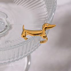 Собака 304 открытые кольца-манжеты из нержавеющей стали для женщин, со стразами, реальный 18 k позолоченный, вакуумное покрытие pvd, собака, 13 мм, размер США 7 1/4 (17.5 мм)