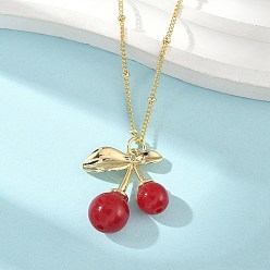 Настоящее золото 18K Латунная смола вишня кулон спутниковая цепь ожерелья для женщин, темно-красный, реальный 18 k позолоченный, 17.91 дюйм (45.5 см)