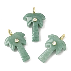 Зеленый Авантюрин Резные подвески из натурального зеленого авантюрина, Подвески в виде кокосовых пальм с фурнитурой из прозрачных кубических цирконий, инкрустированной латунью методом микропаве., золотые, стойки покрытие, 35~36x21.5~22x0.5 мм, отверстие : 3.7 мм