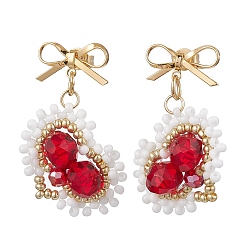 Белый Серьги-гвоздики в форме сердца из стеклянных бусин ручной работы, серьги-пусеты из латуни с бантом и подвесками, золотые, белые, 33x22 мм