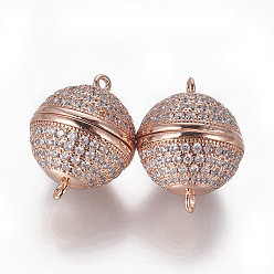 Розовое Золото Магнитные застежки из латуни с цирконием и микропаве с петлями, круглые, прозрачные, розовое золото , 21.5~22x17 мм, отверстие : 1.4 мм