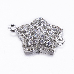 Real Platinum Plated Brass Micro Pave Cubic Zirconia Links, Star, Real Platinum Plated, 22x17.5x4mm, Hole: 1mm