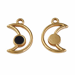Golden 304 Stainless Steel Pendants, with Dyed Black Shell, Moon, Golden, 18x12x2mm, Hole: 1.8mm