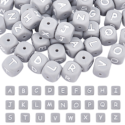 Light Grey 52Pcs 26 Style Silicone Beads, Cube with Letter, Light Grey, 12x12x12mm, Hole: 2mm, 2pcs/style