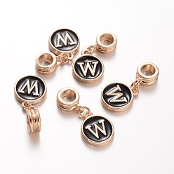 Letter W Alloy Enamel European Dangle Charms, Flat Round with Letter.W, 27mm, Hole: 5mm