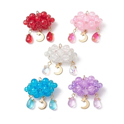 Луна Подвески из стеклянных бусин и нержавеющей стали, облако прелести, разноцветные, золотые, луна, 27~27.5x28.5~29x17 мм, отверстие : 3 мм