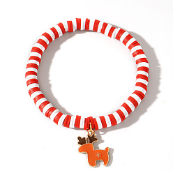 Other Animal Рождественские 304 браслеты из нержавеющей стали с эмалированными подвесками, Браслеты из полимерной глины, бусины хейши, эластичные для женщин, цвет шоколада, северный олень, 6.89 дюйм (17.5 см)