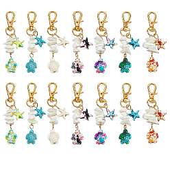 (52) Непрозрачная лаванда 14 шт. 7 цвета морская звезда и морская черепаха синтетическая бирюза и натуральный белый перламутровый ракушка чип подвеска украшения, с сплава шарнирного когтя омара застежками, разноцветные, 74~76 мм, 2 шт / цвет