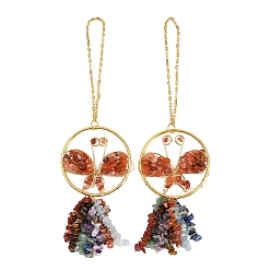 Красный Агат Подвесные украшения в виде бабочек из латуни и натурального сердолика, подвесные украшения с кисточками из драгоценных камней чакры, 235~240 мм