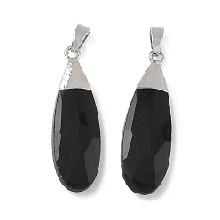 Obsidian Natural Obsidian Pendants, Faceted Teardrop Charms, with Brass Finding, 31.5~32.5x9.5~10x3.5~4mm, Hole: 5.5x3mm