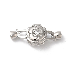 Platinum Rack Plating Brass Micro Pave Clear Cubic Zirconia Fold Over Clasps, Cadmium Free & Lead Free, Long-Lasting Plated, Flower, Platinum, 35mm, Hole: 4.5mm