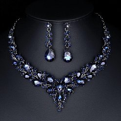 Капри Синий Ожерелья из сплава со стразами в форме капли и серьги-гвоздики в комплекте, Капри синий, 400 мм