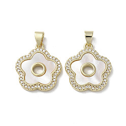 Real 18K Gold Plated Brass Micro Pave Cubic Zirconia Pendants, Cadmium Free & Lead Free, with Shell, Flower, Real 18K Gold Plated, 20x18x3mm, Hole: 3.5x5mm